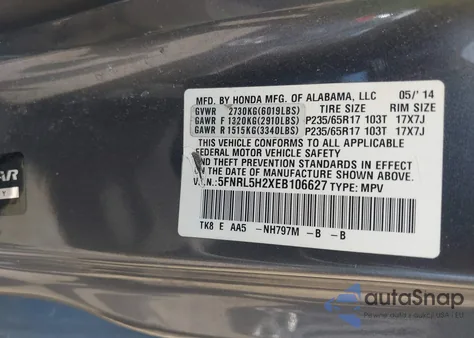 2014 Honda Odyssey Lx z USA, uszkodzony, nr VIN 5FNRL5H2XEB106627